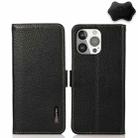 For iPhone 13 Pro KHAZNEH Side-Magnetic Litchi Genuine Leather RFID Case (Black) - 1