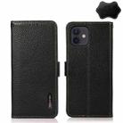 For iPhone 12 mini KHAZNEH Side-Magnetic Litchi Genuine Leather RFID Case (Black) - 1