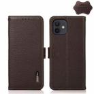 For iPhone 12 mini KHAZNEH Side-Magnetic Litchi Genuine Leather RFID Case (Brown) - 1