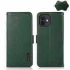 For iPhone 12 / 12 Pro KHAZNEH Side-Magnetic Litchi Genuine Leather RFID Case(Green) - 1