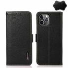 For iPhone 11 Pro Max KHAZNEH Side-Magnetic Litchi Genuine Leather RFID Case (Black) - 1
