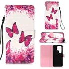 For Samsung Galaxy S22 Ultra 5G 3D Painting Flip Leather Case with Holder(Red Butterfly) - 1