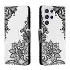 For Samsung Galaxy S22 Ultra 5G Colored Drawing Leather Phone Case(Black Flower) - 1