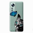 For Xiaomi 12 / 12X 5G Shockproof Painted Transparent TPU Protective Case(Cat Looking At Butterfly) - 1