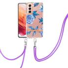 For Samsung Galaxy S21 5G Flowers Series TPU Phone Case with Lanyard(Blue Peony) - 1