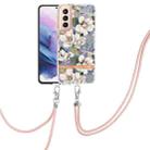 For Samsung Galaxy S21+ 5G Flowers Series TPU Phone Case with Lanyard(Green Gardenia) - 1