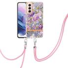 For Samsung Galaxy S21+ 5G Flowers Series TPU Phone Case with Lanyard(Purple Peony) - 1