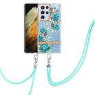 For Samsung Galaxy S21 Ultra 5G Flowers Series TPU Phone Case with Lanyard(Blue Rose) - 1