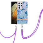 For Samsung Galaxy S21 Ultra 5G Flowers Series TPU Phone Case with Lanyard(Blue Peony) - 1