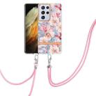 For Samsung Galaxy S21 Ultra 5G Flowers Series TPU Phone Case with Lanyard(Pink Gardenia) - 1