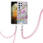 For Samsung Galaxy S21 Ultra 5G Flowers Series TPU Phone Case with Lanyard(Purple Peony) - 1