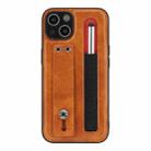 For iPhone 13 Leather Belt Shockproof Protective Phone Case with Touch Screen Pen & Holder(Brown) - 1