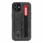 For iPhone 12 Leather Belt Shockproof Protective Phone Case with Touch Screen Pen & Holder(Grey) - 1