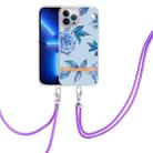 For iPhone 13 Pro Flowers Series TPU Phone Case with Lanyard (Blue Peony) - 1