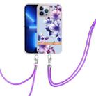 For iPhone 13 Pro Flowers Series TPU Phone Case with Lanyard (Purple Begonia) - 1