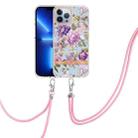 For iPhone 13 Pro Flowers Series TPU Phone Case with Lanyard (Purple Peony) - 1