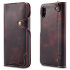 For iPhone X / XS Denior Oil Wax Cowhide Magnetic Button Horizontal Flip Leather Case with Card Slots & Wallet(Dark Red) - 1