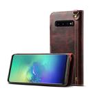 For Galaxy S10e Denior Oil Wax Cowhide Magnetic Button Horizontal Flip Leather Case with Card Slots & Wallet(Dark Red) - 1