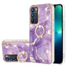 For OPPO Reno6 5G Electroplating Marble Pattern IMD TPU Phone Case with Ring Holder(Purple 002) - 1