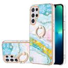 For Samsung Galaxy S22 Ultra Electroplating Marble IMD TPU Phone Case with Ring Holder(Green 004) - 1