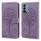 For OnePlus Nord N200 5G Tree & Deer Pattern Pressed Printing Horizontal Flip Leather Phone Case(Purple) - 1