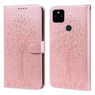 For Google Pixel 5a 5G Tree & Deer Pattern Pressed Printing Horizontal Flip Leather Phone Case(Pink) - 1