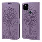 For Google Pixel 5a 5G Tree & Deer Pattern Pressed Printing Horizontal Flip Leather Phone Case(Purple) - 1