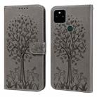 For Google Pixel 5a 5G Tree & Deer Pattern Pressed Printing Horizontal Flip Leather Phone Case(Grey) - 1