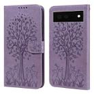 For Google Pixel 6 Tree & Deer Pattern Pressed Printing Horizontal Flip Leather Phone Case(Purple) - 1