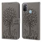 For OPPO A32 / A33 / A52 / A52s Tree & Deer Pattern Pressed Printing Horizontal Flip Leather Phone Case(Grey) - 1