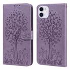 For iPhone 11 Tree & Deer Pattern Pressed Printing Horizontal Flip Leather Phone Case (Purple) - 1