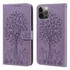 For iPhone 12 / 12 Pro Tree & Deer Pattern Pressed Printing Horizontal Flip Leather Phone Case(Purple) - 1