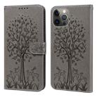 For iPhone 12 / 12 Pro Tree & Deer Pattern Pressed Printing Horizontal Flip Leather Phone Case(Grey) - 1