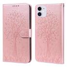 For iPhone 12 mini  / 13 mini Tree & Deer Pattern Pressed Printing Horizontal Flip Leather Phone Case (Pink) - 1