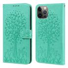 For iPhone 13 Pro Tree & Deer Pattern Pressed Printing Horizontal Flip Leather Phone Case (Green) - 1