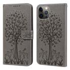 For iPhone 13 Pro Tree & Deer Pattern Pressed Printing Horizontal Flip Leather Phone Case (Grey) - 1