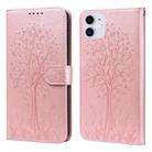 For iPhone 13 Tree & Deer Pattern Pressed Printing Horizontal Flip Leather Phone Case(Pink) - 1