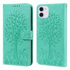 For iPhone 13 Tree & Deer Pattern Pressed Printing Horizontal Flip Leather Phone Case(Green) - 1
