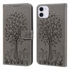 For iPhone 13 Tree & Deer Pattern Pressed Printing Horizontal Flip Leather Phone Case(Grey) - 1