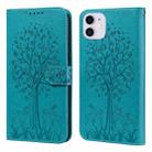 For iPhone 13 Tree & Deer Pattern Pressed Printing Horizontal Flip Leather Phone Case(Blue) - 1