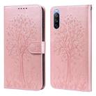 For Sony Xperia 10 III Tree & Deer Pattern Pressed Flip Leather Phone Case(Pink) - 1