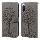 For Sony Xperia 10 III Tree & Deer Pattern Pressed Flip Leather Phone Case(Grey) - 1