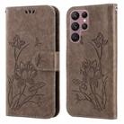 For Samsung Galaxy S22 Ultra 5G Lotus Embossed Leather Phone Case(Grey) - 1