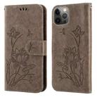 Lotus Embossed Leather Phone Case For iPhone 13 Pro(Grey) - 1
