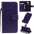 For LG K40S Pressed Printing Sunflower Pattern Horizontal Flip PU Leather Case with Holder & Card Slots & Wallet & Lanyard(Purple) - 1