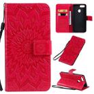 For OPPO A5 / A35 Pressed Printing Sunflower Pattern Horizontal Flip PU Leather Case with Holder & Card Slots & Wallet & Lanyard(Red) - 1