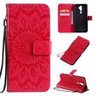 For OPPO A9 2020 / A5 2020 Pressed Printing Sunflower Pattern Horizontal Flip PU Leather Case with Holder & Card Slots & Wallet & Lanyard(Red) - 1