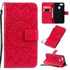 For OPPO A7 / A5s Pressed Printing Sunflower Pattern Horizontal Flip PU Leather Case with Holder & Card Slots & Wallet & Lanyard(Red) - 1