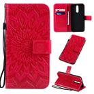 For Xiaomi Redmi 8 Pressed Printing Sunflower Pattern Horizontal Flip PU Leather Case with Holder & Card Slots & Wallet & Lanyard(Red) - 1