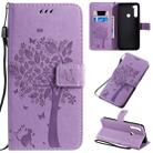 For Xiaomi Redmi Note 8T Tree & Cat Pattern Pressed Printing Horizontal Flip PU Leather Case with Holder & Card Slots & Wallet & Lanyard(Light Purple) - 1